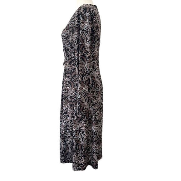 Talbots StretchyV Neck Long Sleeve Midi Dress Black, Brown, Blue Paisley - Picture 3 of 7